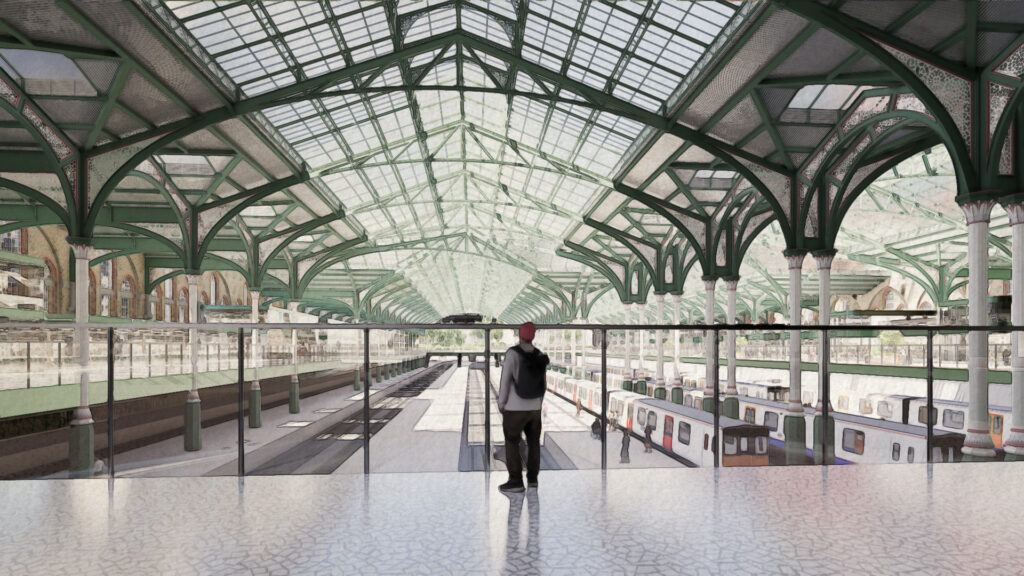 Ground floor view of the Train Shed with new pedestrian routes to Exchange Square